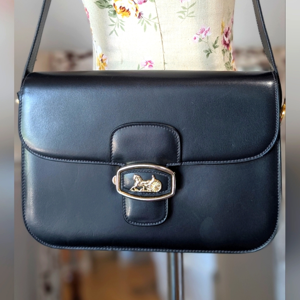 Céline Crécy Horse Carriage Black Leather Bag In Dark blue
